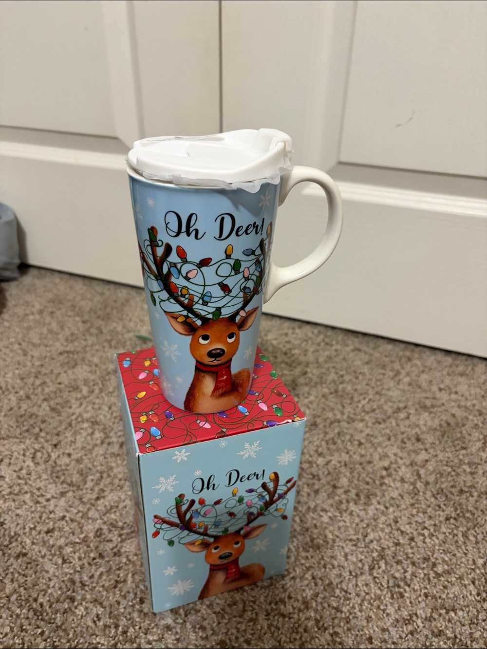 Light Blue 'Oh Deer!' Holiday Reindeer Travel Mug with White Lid